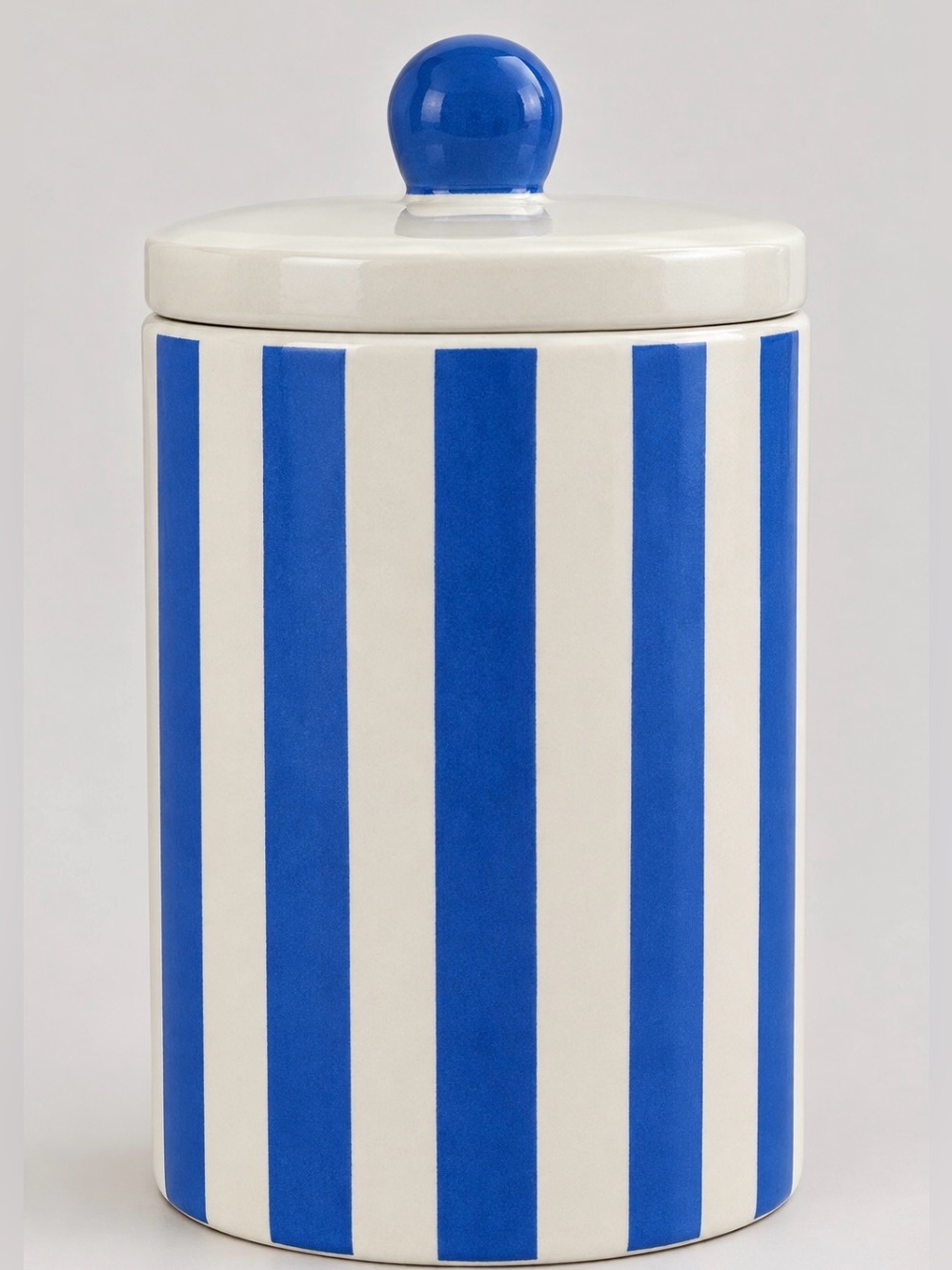 Blue & white striped ceramic kitchen canister. New